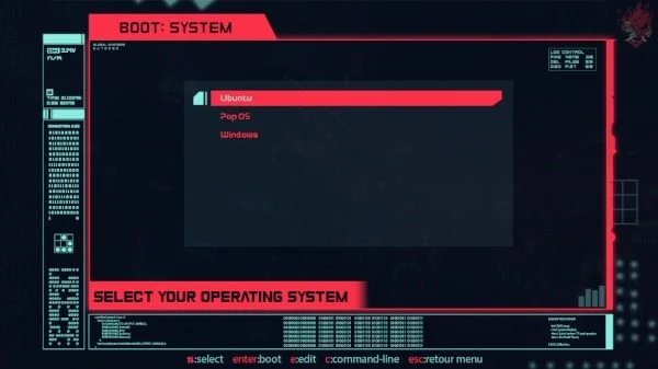 CyberRe GRUB theme with a red and cyan futuristic interface